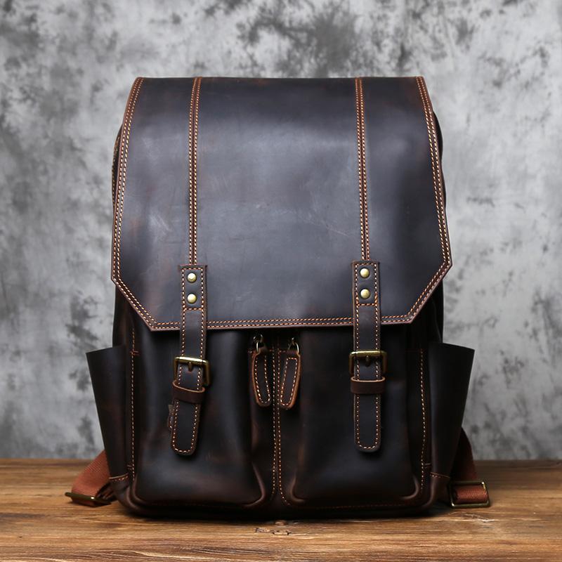 NZPJ Vintage Genuine Leather Men's Backpack Crazy Horse Leather Backpack Natural Cowhide Travel Bag Leisure Computer Bag