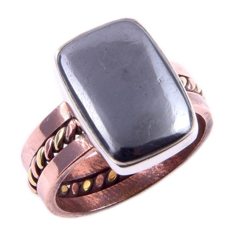 Natural Gunmetal Gemstone Handmade 925 Sterling Silver Two Tone Ring S.6.5 E1N03