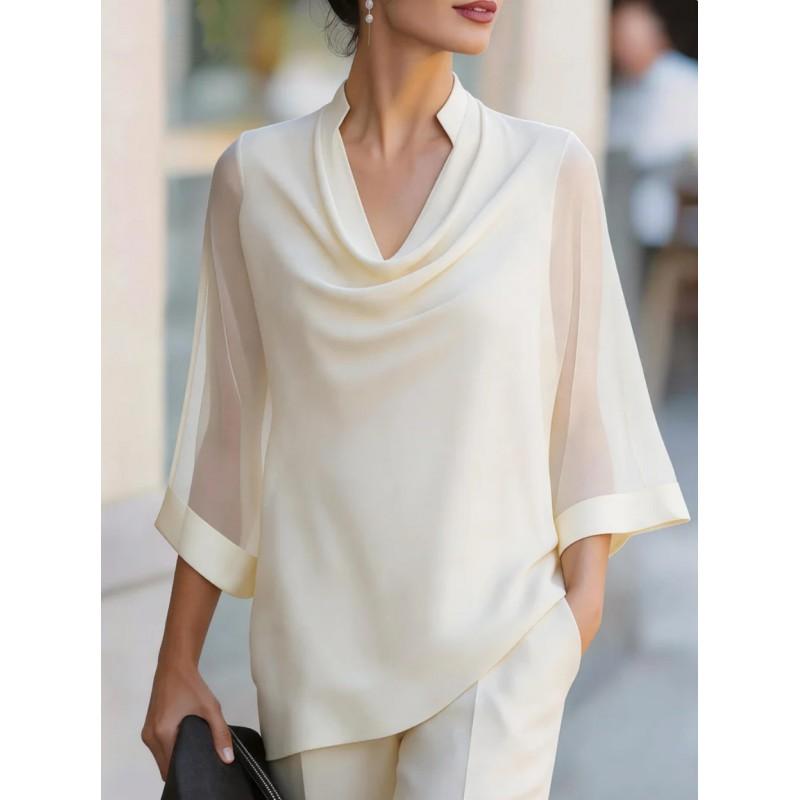 2026 Womens Flowy Chiffon Blouse With Wide Neckline Loose Fit Casual Shirt