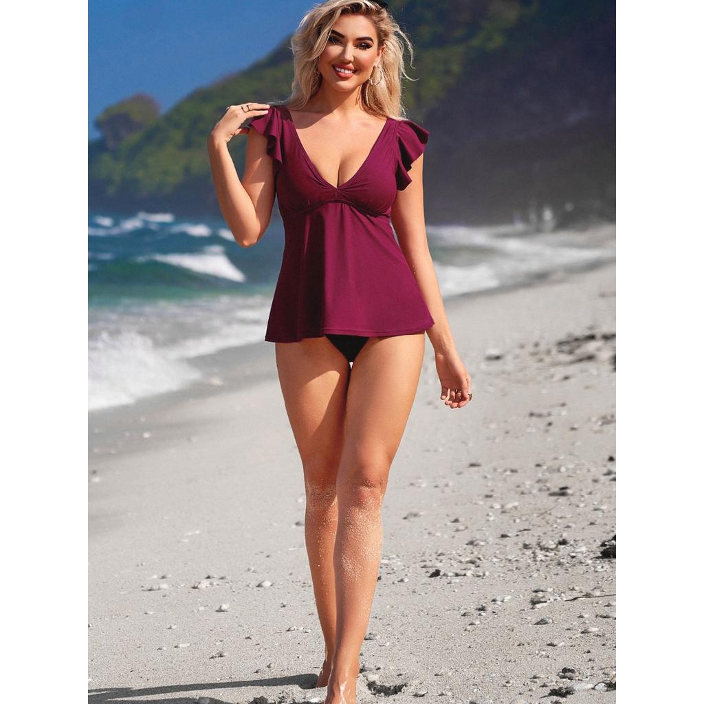 CHARMLEAKS Women Tankini Top Ruffled Shoulder Bathing Suit Top V Neck Swimsuit Top Flowy Bikini Tank Top