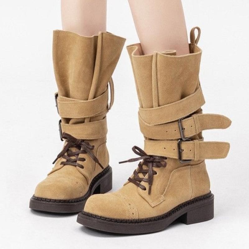 

Fashion High-quality Faux Suede Women s Boots Retro Double Wide Belt Buckle Laced-up Patchwork Design Platform Boots Fashion Ankle Boots 35 хаки