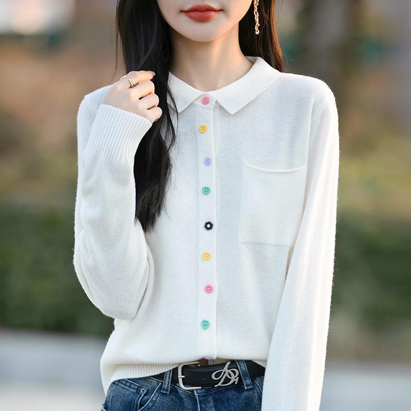 Frühlingsneuer Damen Strickcardigan Pullover, Damen POLO-Shirt, Kragen und langärmlig
