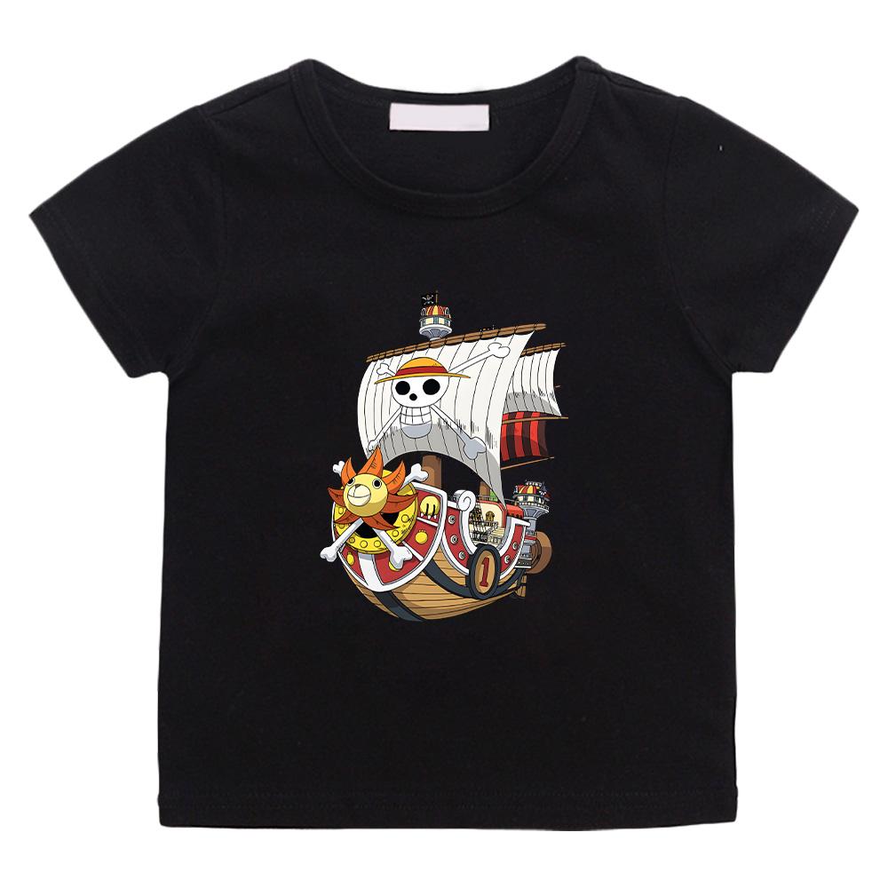 

One Piece Pirate Ship Cartoon Print T-Shirt 2026 Summer New Popular Anime Printed American Casual Children Short Sleeved High Quality Cotton Boy Top 100 чёрный
