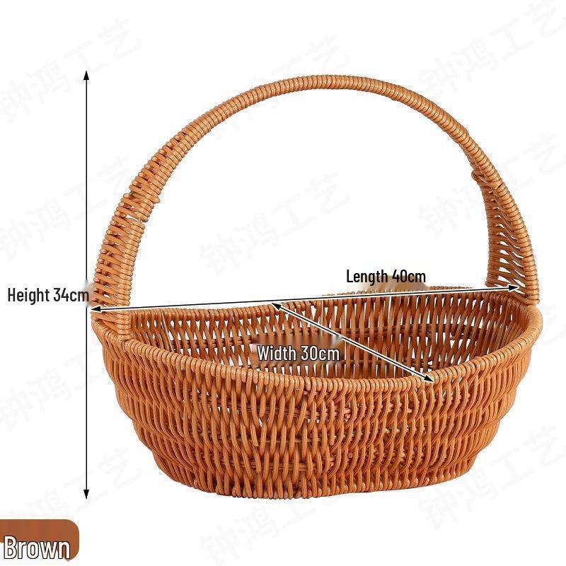 Rattan-Look Iron Frame Handbasket: Plastic Woven Flower, Vegetable, Shopping, Wedding Gift, Outdoor Restaurant Storage Basket.