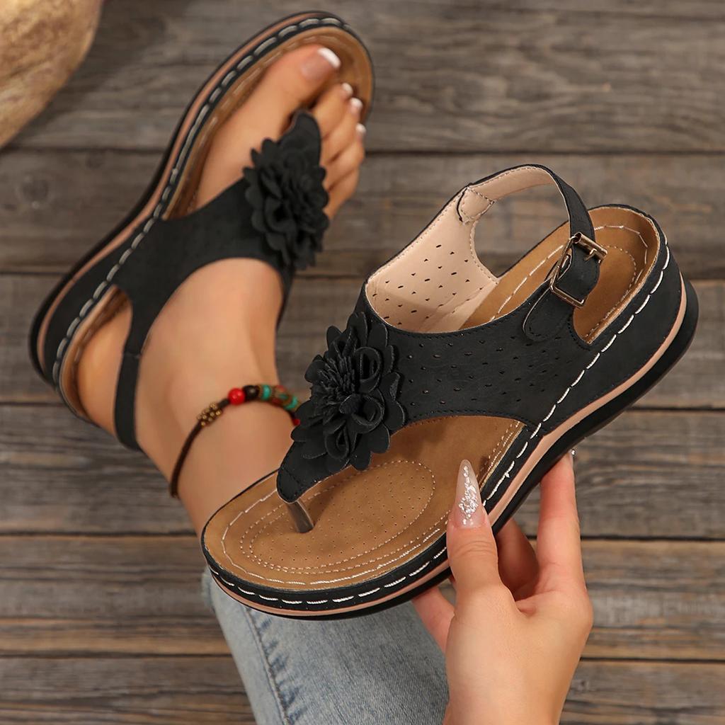 Mode Damen Sandalen Keilabsatz Dicke Sohle Orthopädische Schuhe Damen 2025 Floral Sommer Flip Flops Modische Zehenfreie Freizeit Sandalen Damen