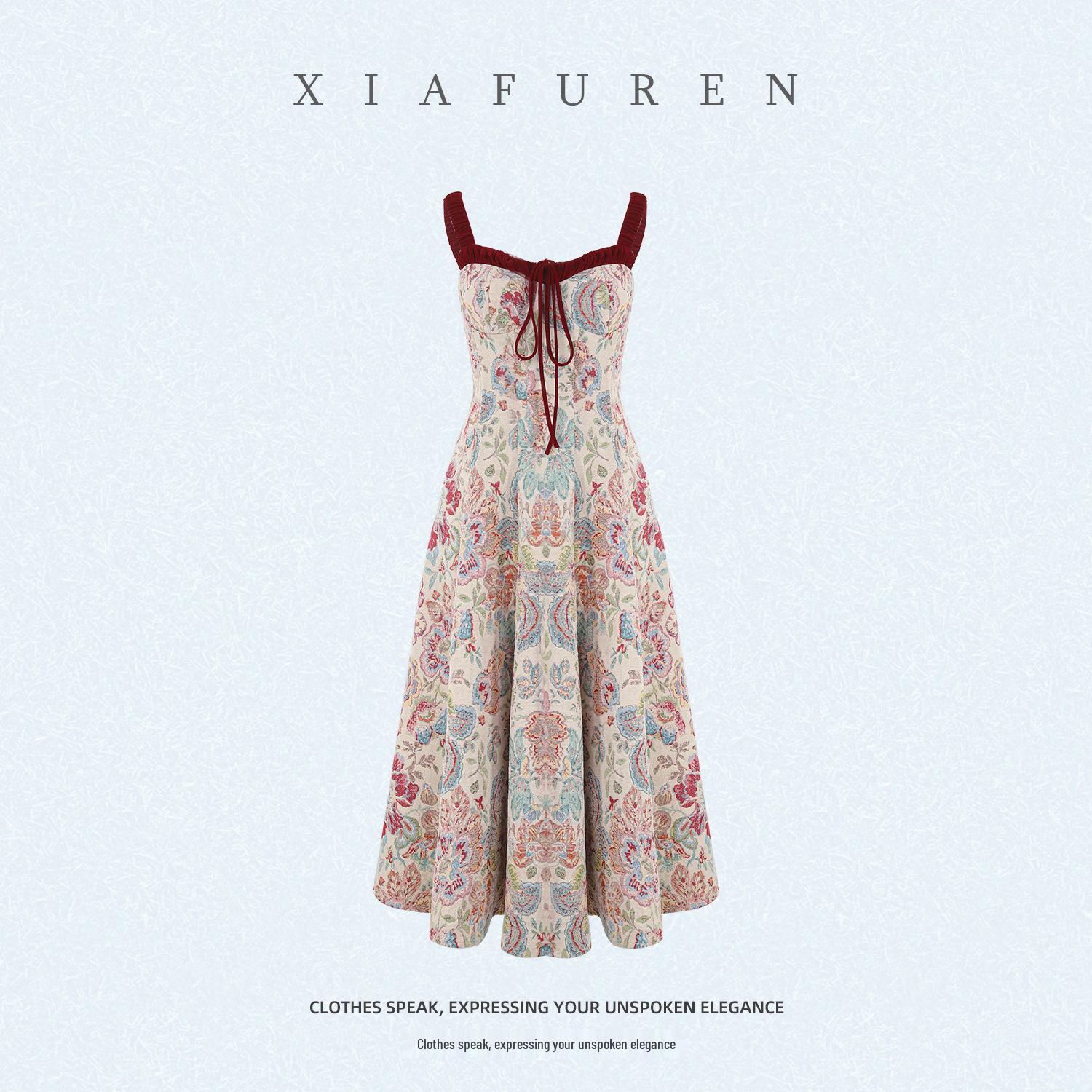 Французское ретро-платье 2025 года на тонких бретельках с цветочным принтом, стройнящее — для миниатюрных, легкая роскошь для осени/зимы 2XL