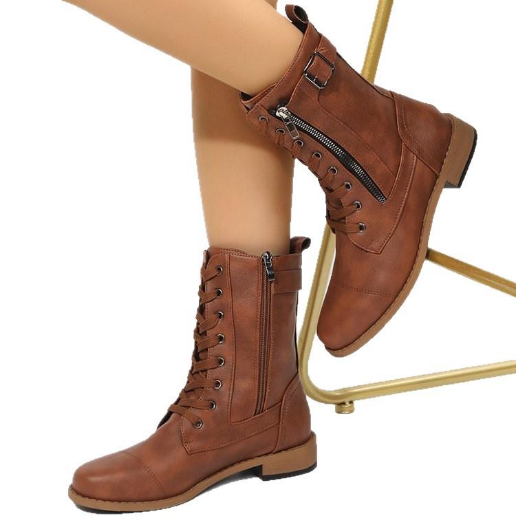 Europe, America 2025 New Round-head Martin Boots Women's Thick Heel Lace-up Solid Color Women's Low-tube Women's Martin Boots