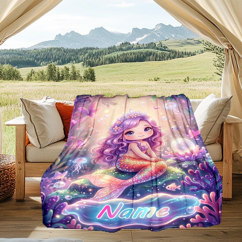 1PC Custom Name Mermaid Dreams Underwater outdooor Flannel blankets Throw Blanket All-Season Throw Gift Bedspread for Couch, Bed, Camping Holiday Birt