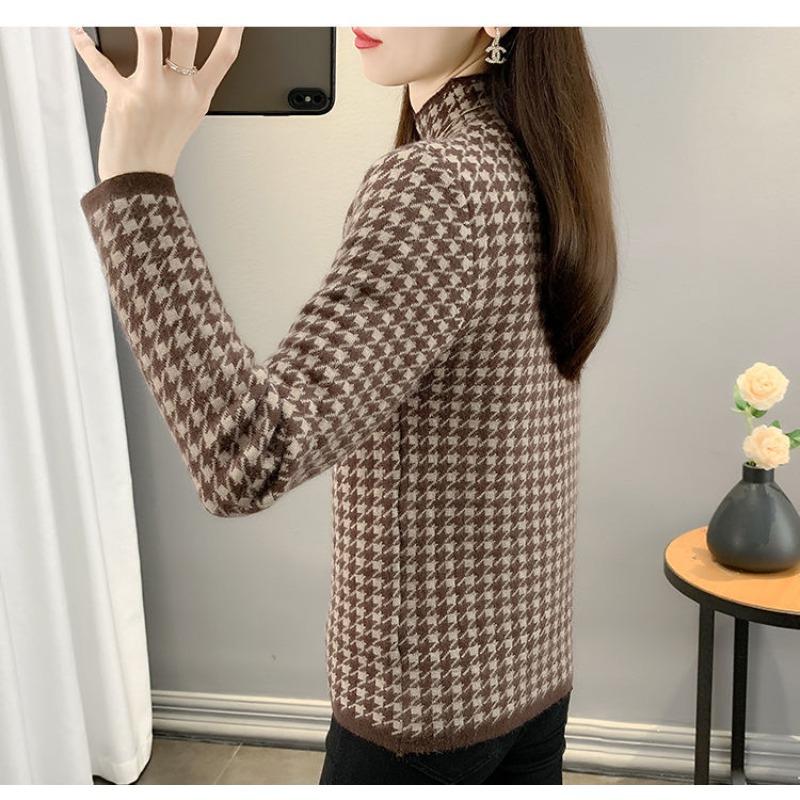 DAFIFY  Women's Fashion Casual Fall Winter Houndstooth Print Long Sleeve Half Turtleneck Sweaters