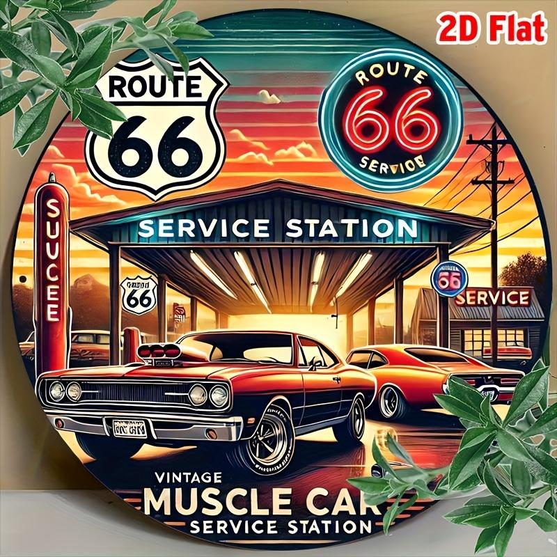 Vintage American Retro Route Service Station HD Metal Tin Sign Classic Muscle Car Gas Station with Neon Sign Sunset Sky D 20x20cm(8x8inch)