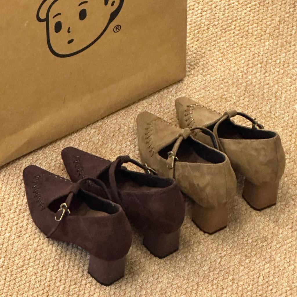 Retro Pointed Mary Jane Small Leather Shoes Women's Autumn New Versatile Soft Sole Suede Low Heel Pointed Single Shoes