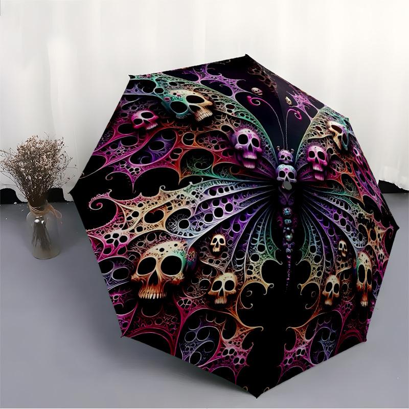 1pc Skull Butterfly Automatic Folding Umbrella, Lightweight Retractable Compact Travel Umbrella, 8-Rib Sturdy Frame039