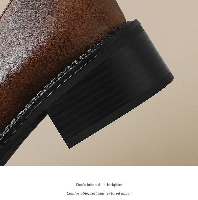 2025 Women's Plus Size Brown Leather Loafers: Spring/Autumn, Round Toe, Chunky Medium Heel, British Style