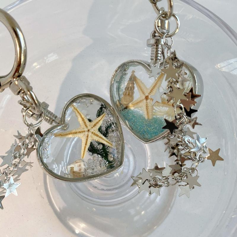 Y2K Style Summer Ocean Heart Keychain Ins Style Aesthetic Keyring Sweet Girly Keycord Fashion Bag Pendant Gifts