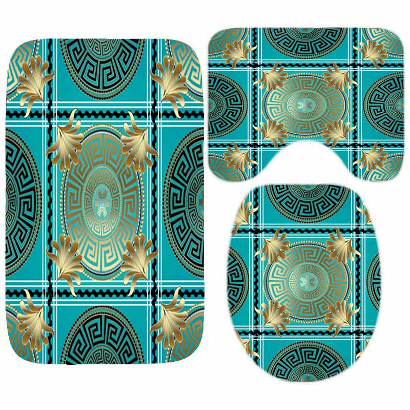 Geometric Grecian Key Meander Mandala Pattern Shower Curtain And Rug Set Abstract Geometric Bathroom Mats Rugs Toilet Decor Mat