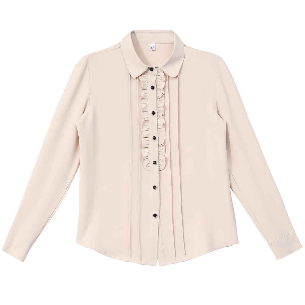 Bolan Verl White Long Sleeve Blouse with Casual Solid Perfect for Office Size M Women's Ruffles, Top, Color, Thick, Elegant, Commuting, Business,