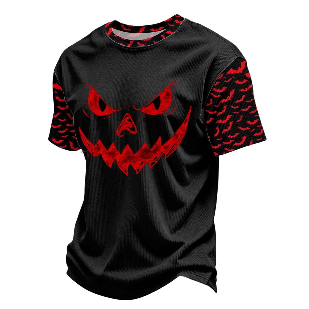 Men's Casual Corduroy Short Sleeve Crew Neck Lightweight Breathable Top Halloween Print Design Comfortable Fit