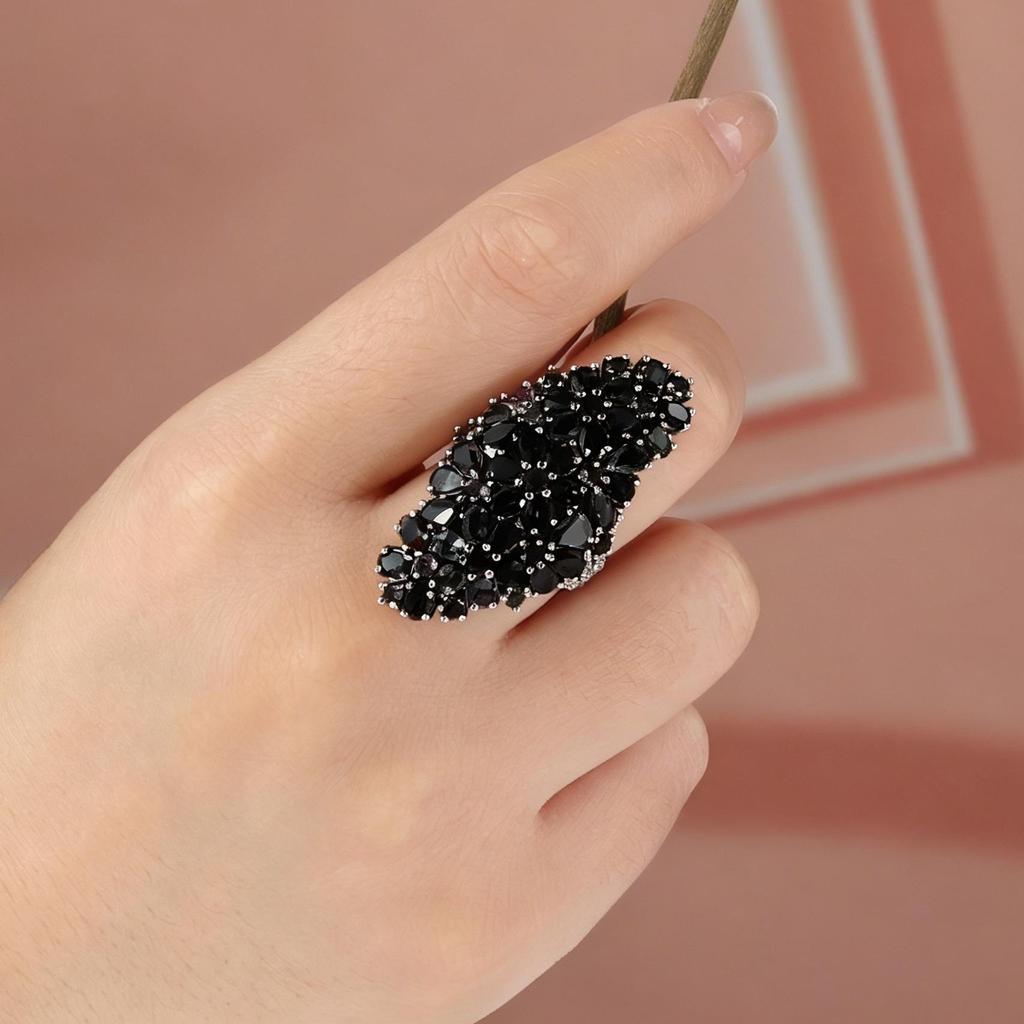 925 Sterling Silver big ring Natural Blk spinel elegant and noble for women's anniversary & banquet & engagement gift