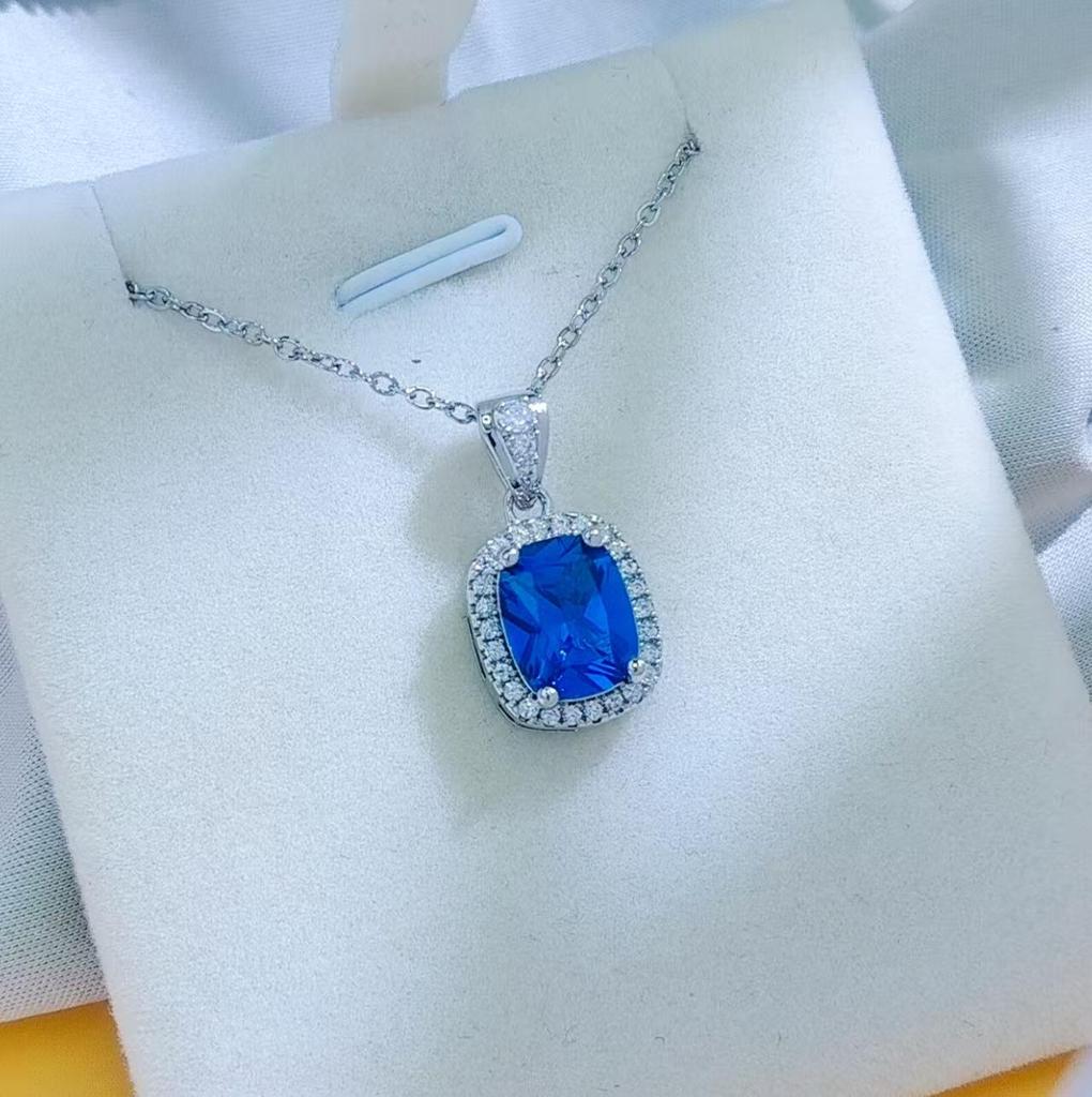 European & American Sapphire-Inspired Jewelry Set: Versatile Necklace, Ring & Earrings Adorned with Full Diamonds for Women.
