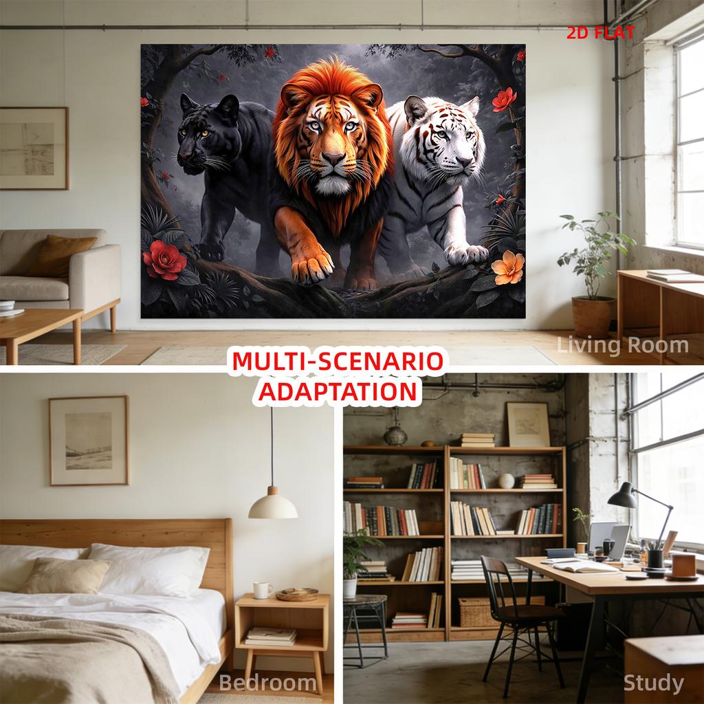 Majestic Lion Tiger Black Panther Jungle Flowers Tapestry Wall Hanging For Living Room Bedroom Decor Wild Animal Art Print Home