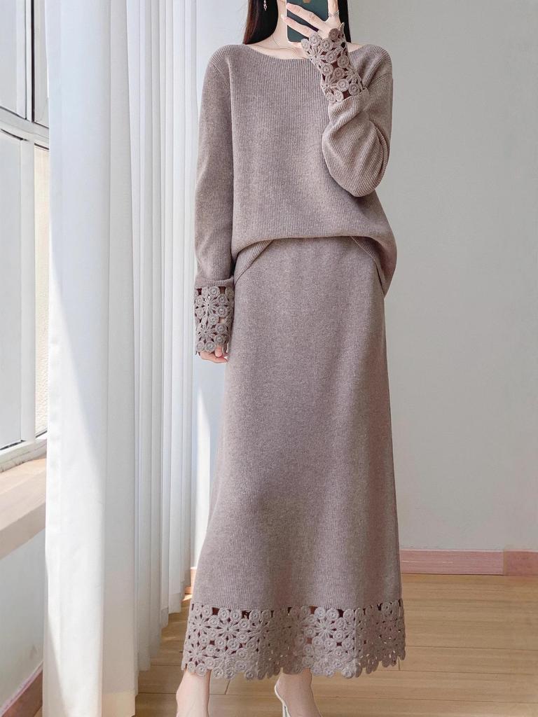 2025 Winter One-Shoulder Wool Sweater: Women's Loose Hollow Crochet Top & Gentle Style Two-Piece Set