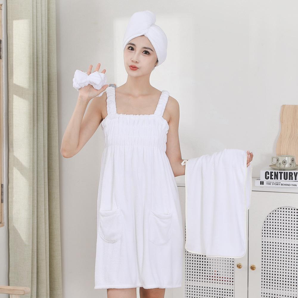 Women's Four-Piece Wearable Coral Fleece Bathrobe Set with Bath Skirt, Towel, Bandeau, and Sling