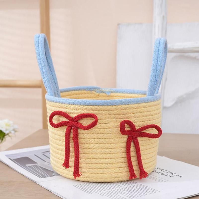 Cute Crochet Storage Basket With Lid - Woven Cotton Home Organizer Bin, Decorative Desktop Dustproof Box For Trinkets & Crafts
