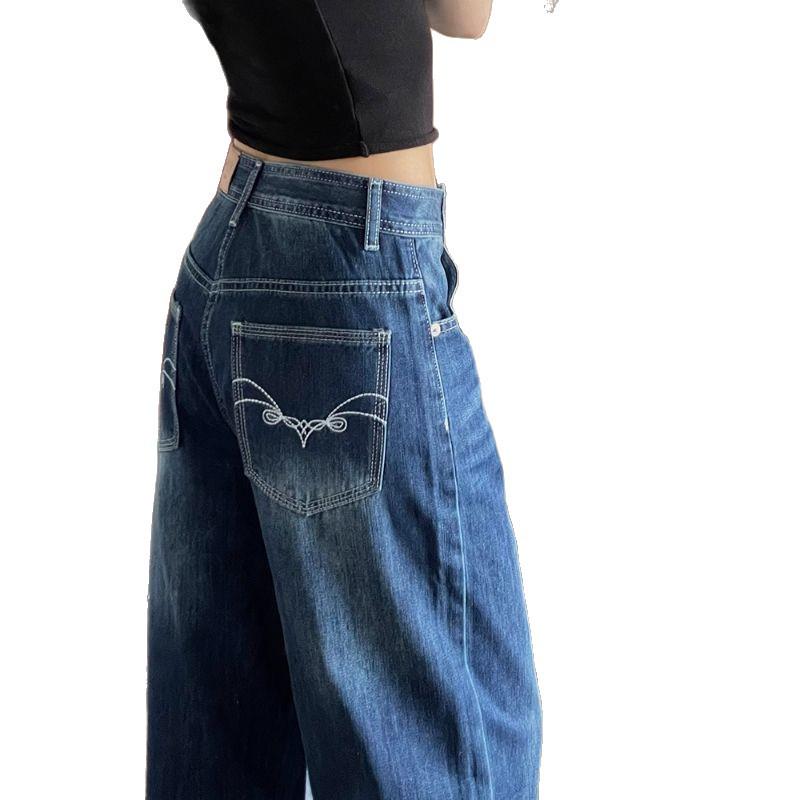 Spring/Autumn 2025 Women's High-Waisted Embroidered Retro Blue Wide-Leg Jeans