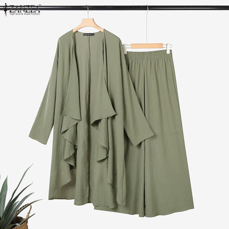 ZANZEA Women Long Cardigan Blouse and Pants Casual Two Piece Suit Sets
