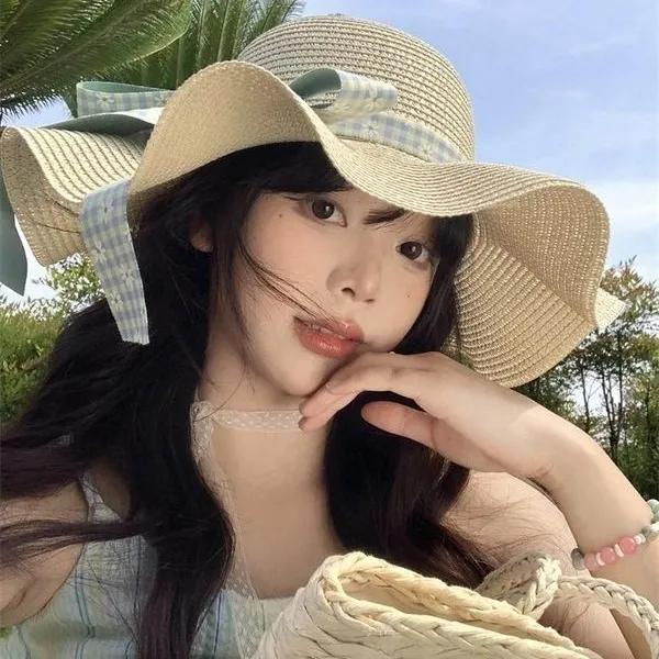 WTEMPO Floral Plaid Printed Cloth Bow Retro Elegant Large Brim Foldable Sun Hats Women's Solid Color Casual Versatile Summer Sunscreen Beach Hats