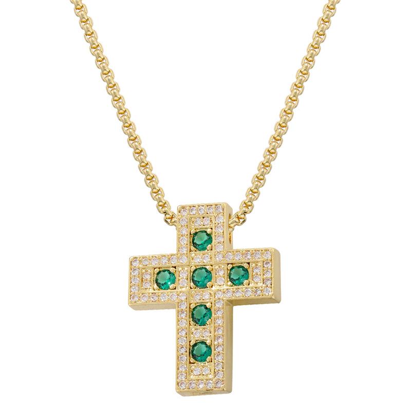 Light Luxury Copper With Colored Diamonds Cross Necklace Personalized Hip Hop Cross Pendant Collarbone Chain Vl390