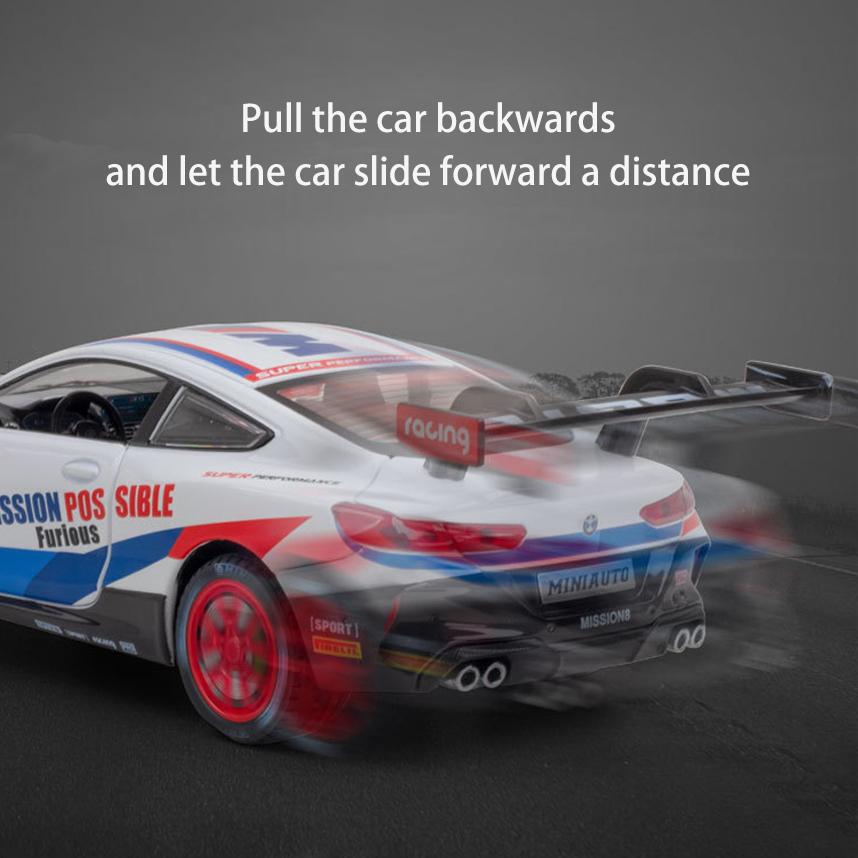 1/24 Scale M8 GTE Racing Diecast automudeli mänguasi, tagasitõmmatav mänguasi koos heli ja valgusega lastele Väikelapse poistele Tüdrukutele Kingikogu