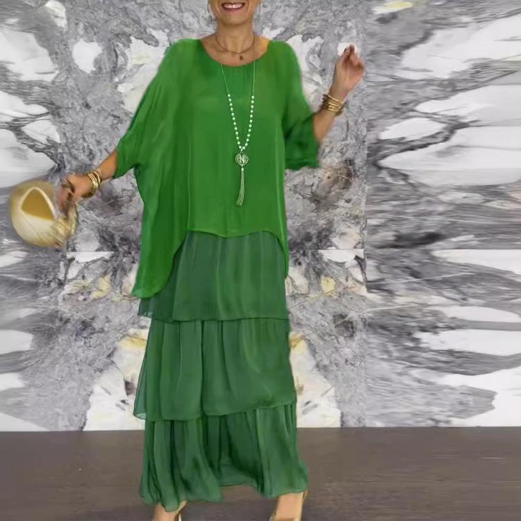 Elegant Chiffon Fashion Trendy Mesh Bat Sleeve Maxi Long Dress