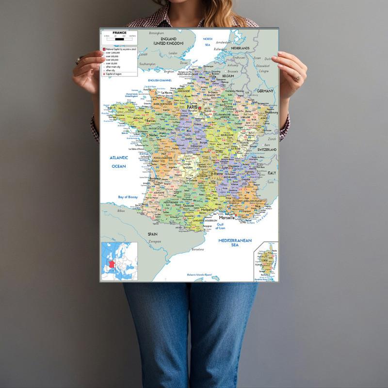 Verwaltungskarte-Englisch-Frankreichkarte,Kunstdruckposter für Zuhause,Klassenzimmer,Innen/Außen,Lehrposter,Reisewerkzeug,Ungerahmt