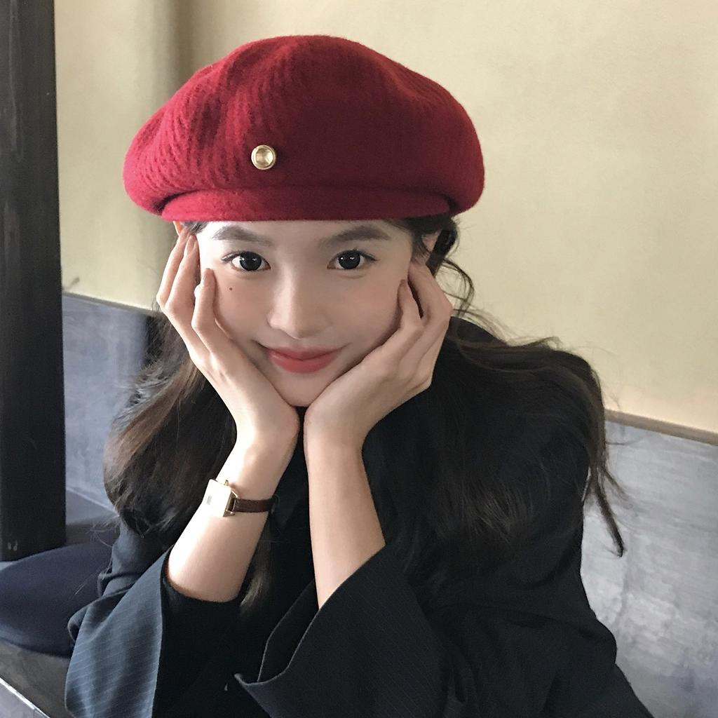 Japanese Literary And Retro Christmas Red Wool Beret Female Autumn And Winter Versatile Warm Face Little Painter Hat