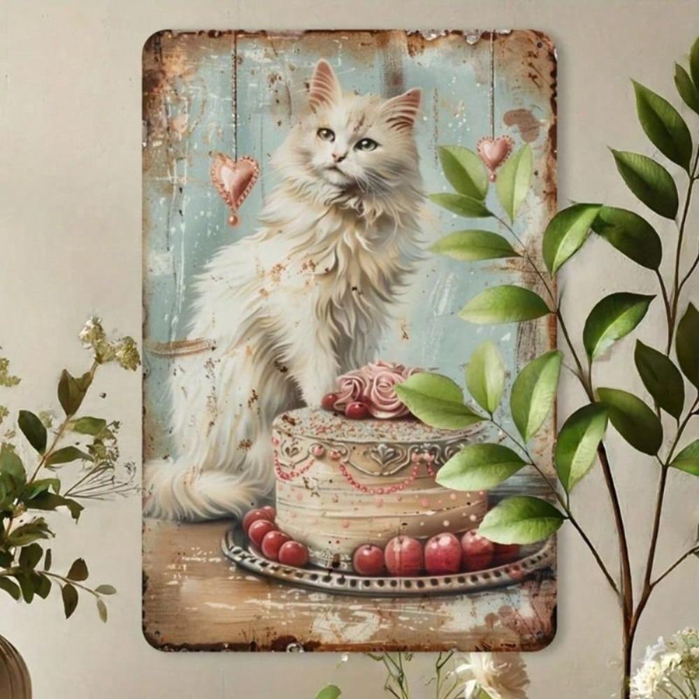 Retro Metal Sign Cat Rose Cake Home Decor