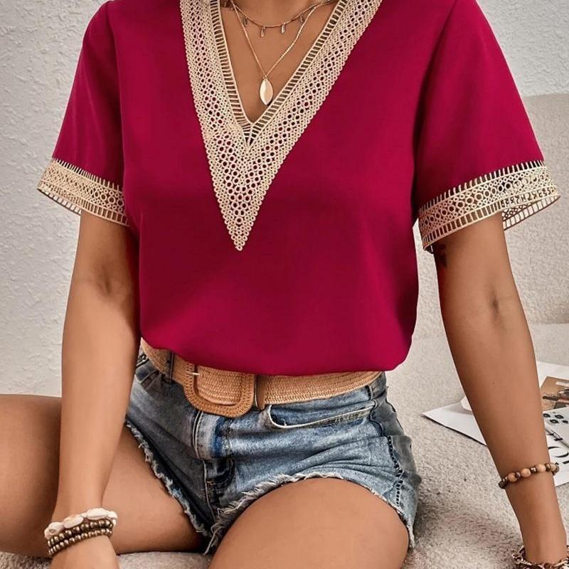 Women's V Neck Blouse Short Sleeve Lace Trim Loose Fit Casual Summer Top
