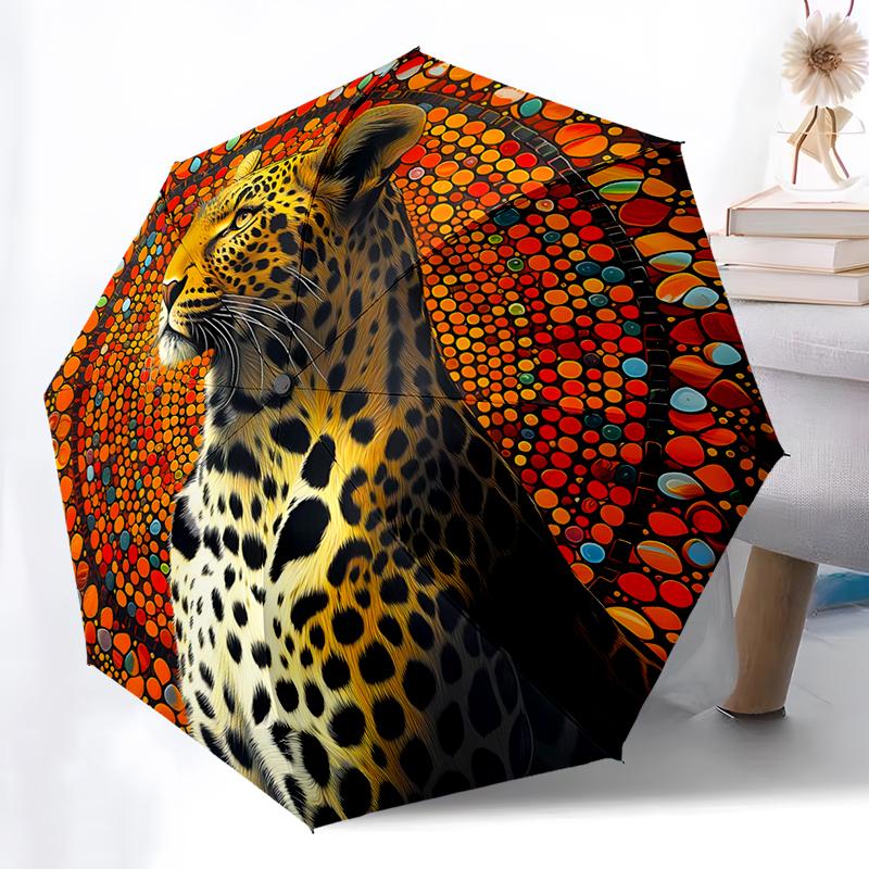 Leopard Theme Design Folding Umbrella-Fashionable Auto-Open Design 8 Iron Ribs Plastic Handle Foldable Sunshade,Perfect Gifts