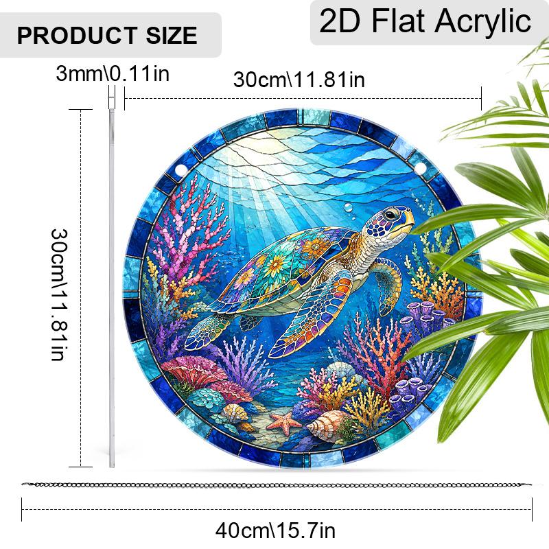 2D Flat Acrylic Blue Sea Turtle Suncatcher Decorative Hanging Ornament, 7.87/11.81inches Summer Underwater World Coral Turtle Design Window Hanging