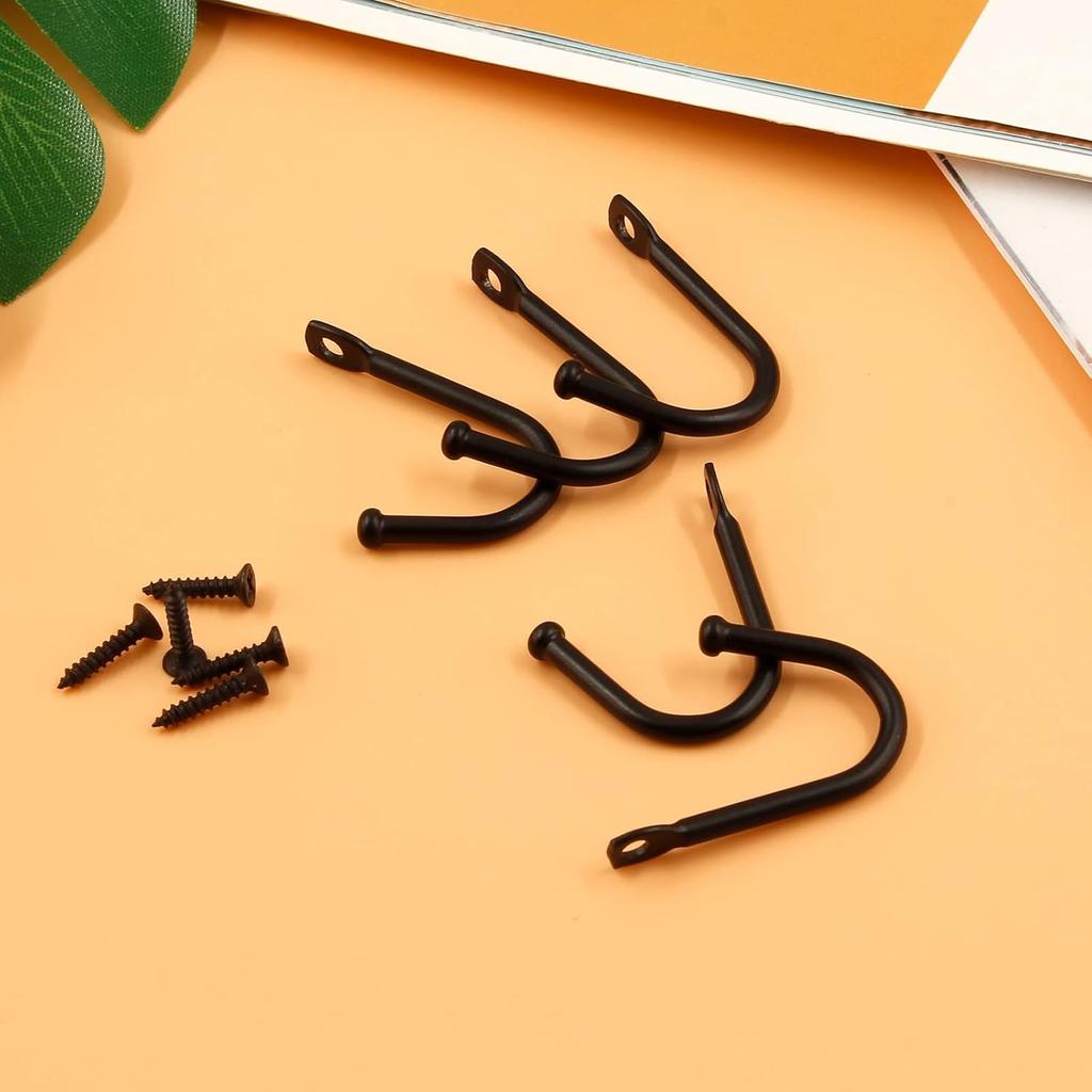 10 Pcs Black Single Prong Wrought Iron Hooks with Screws, Decorative Colonial Wall Hooks for Keys, Hats, Clothes, Towels