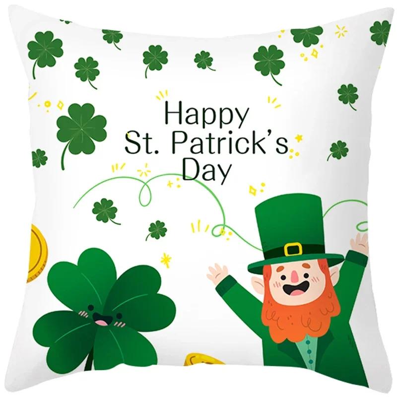 St. Patrick'S Day Pillow Case Green Cartoon Letter Four-Leaf Clover Sofa Cushion Cover Ireland National Day Pillow Cover