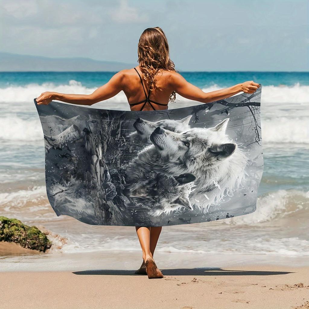 Cute Wolf Print Beach Towel, Adorable Animal Art Quick-Dry Sand-Free Microfiber Bath Towel for Yoga, Swim Pool and Summer Travel