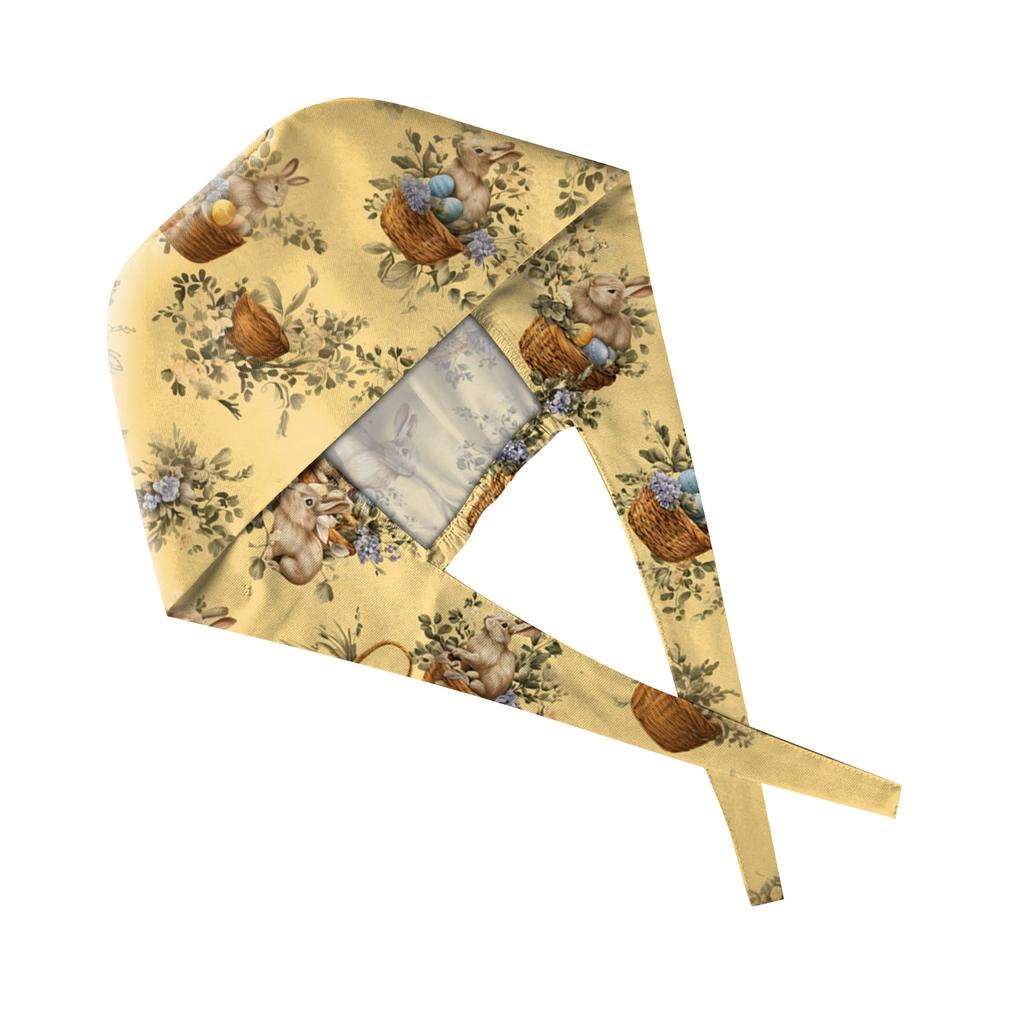 Unisex Bouffant Tie Back Scrub Cap with Rabbit and Egg Print Adjustable Nurse Hat for Work Kitchen Spa