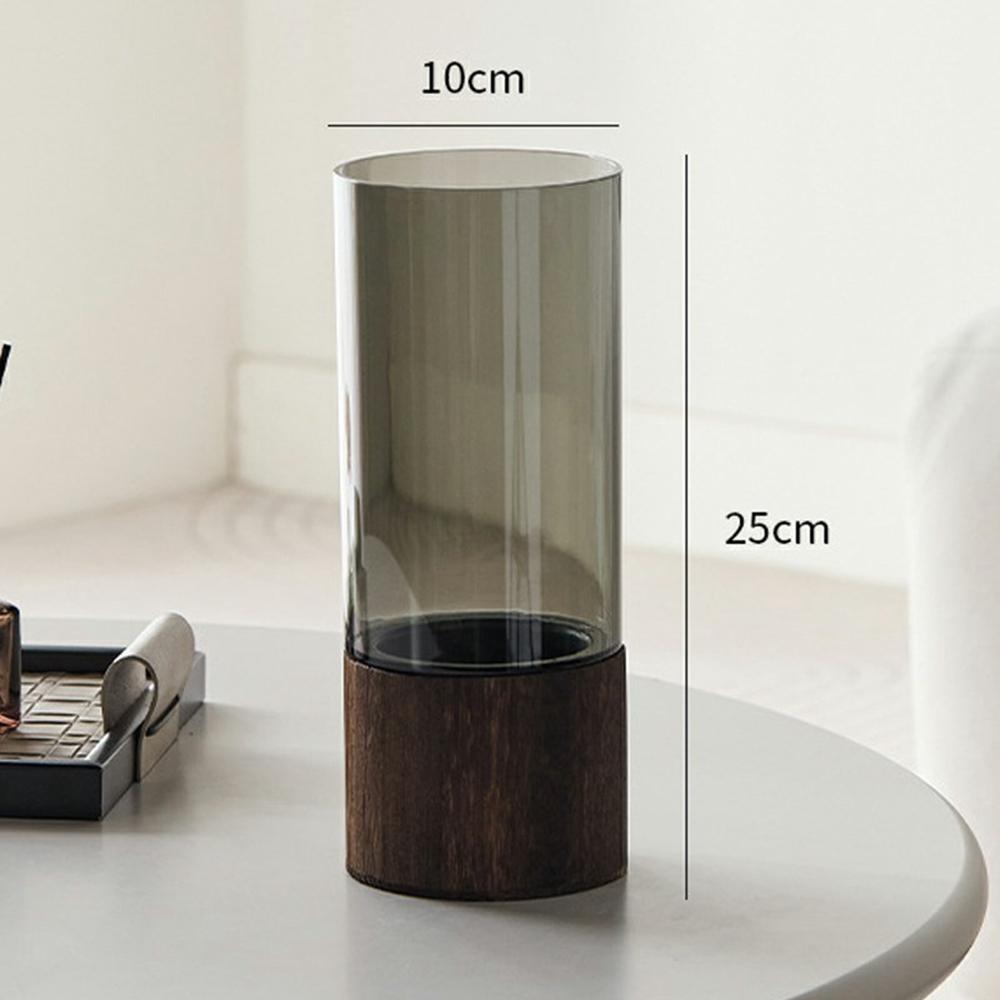 10x25cm Minimalist Flower Vase with Wooden Base PET Transparent Cylinder Vase Living Room Decoration