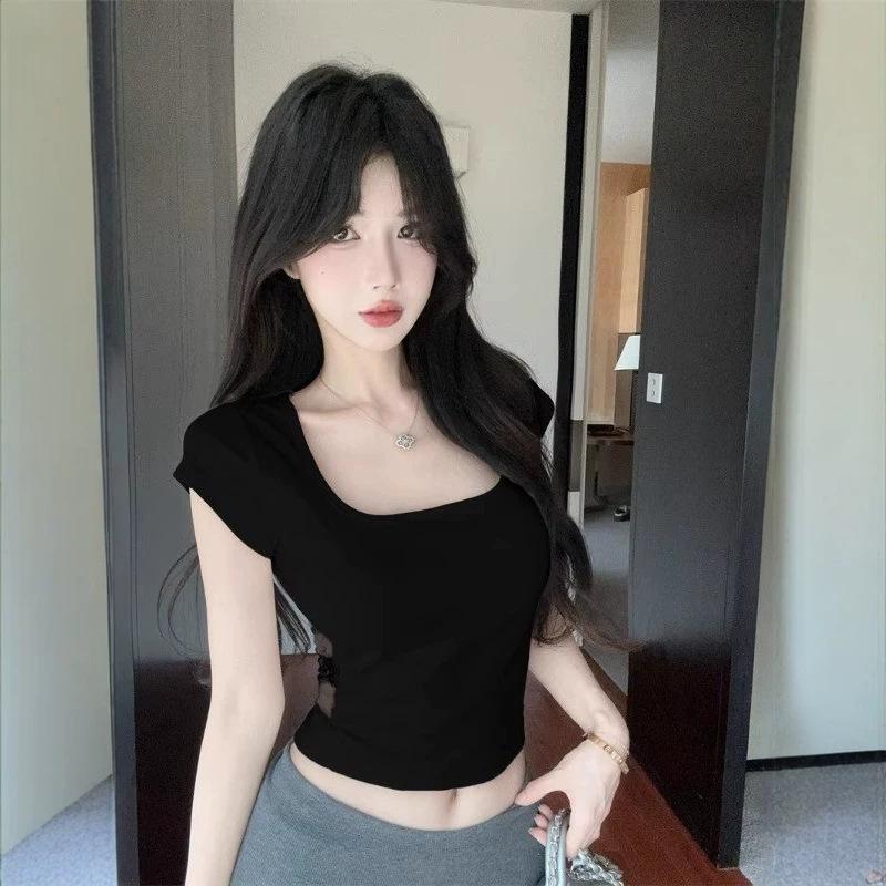 Pure lust back lace square neck short-sleeved t-shirt women's summer front shoulder t-shirt slim fit and thin big neckline Spice girl top