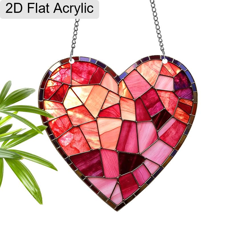 Acrylic Stained Glass Style Heart Suncatcher, 2D Flat Acrylic Window Hanging Ornament for Valentine's Day & Love Themed Gifts