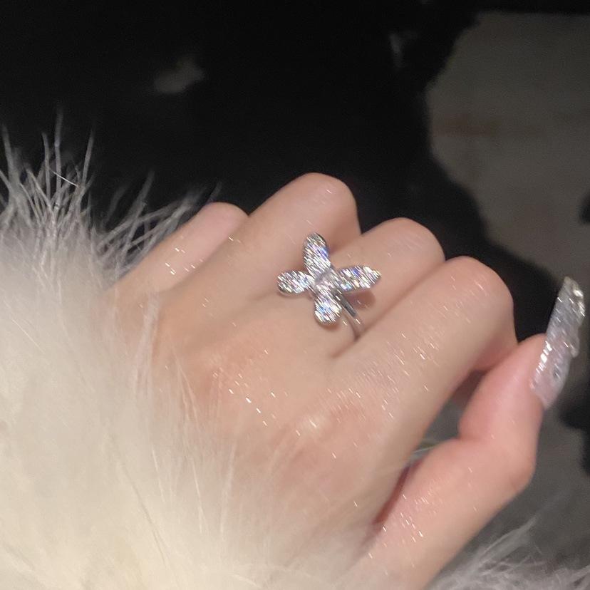 Light Luxury High-End Zircon Full Diamond Bow Double-Layer Row Diamond Silver Ring Stacked Belt Set Flash Diamond Texture