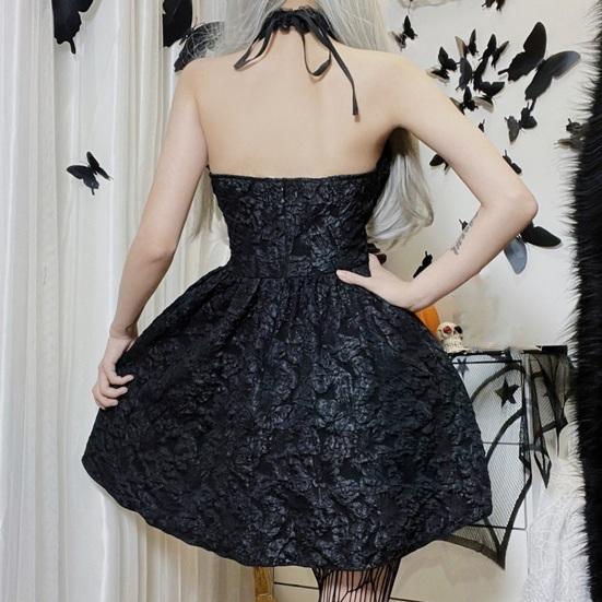 Women's Sleeveless Gothic Lace Dress Vintage Corset Halter Swing Cocktail Dress Victorian Style Black Lolita Punk Dress