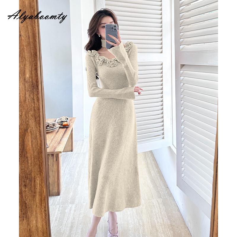 

Французский стиль осень-зима женское миди теплое платье-свитер с круглым вырезом цветочное розовое трикотажное платье женственное элегантное милое трикотажное платье One Size