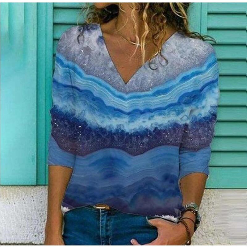 V-neck 3D Printed Top Fashionable Casual Long Sleeved Women's T-shirts